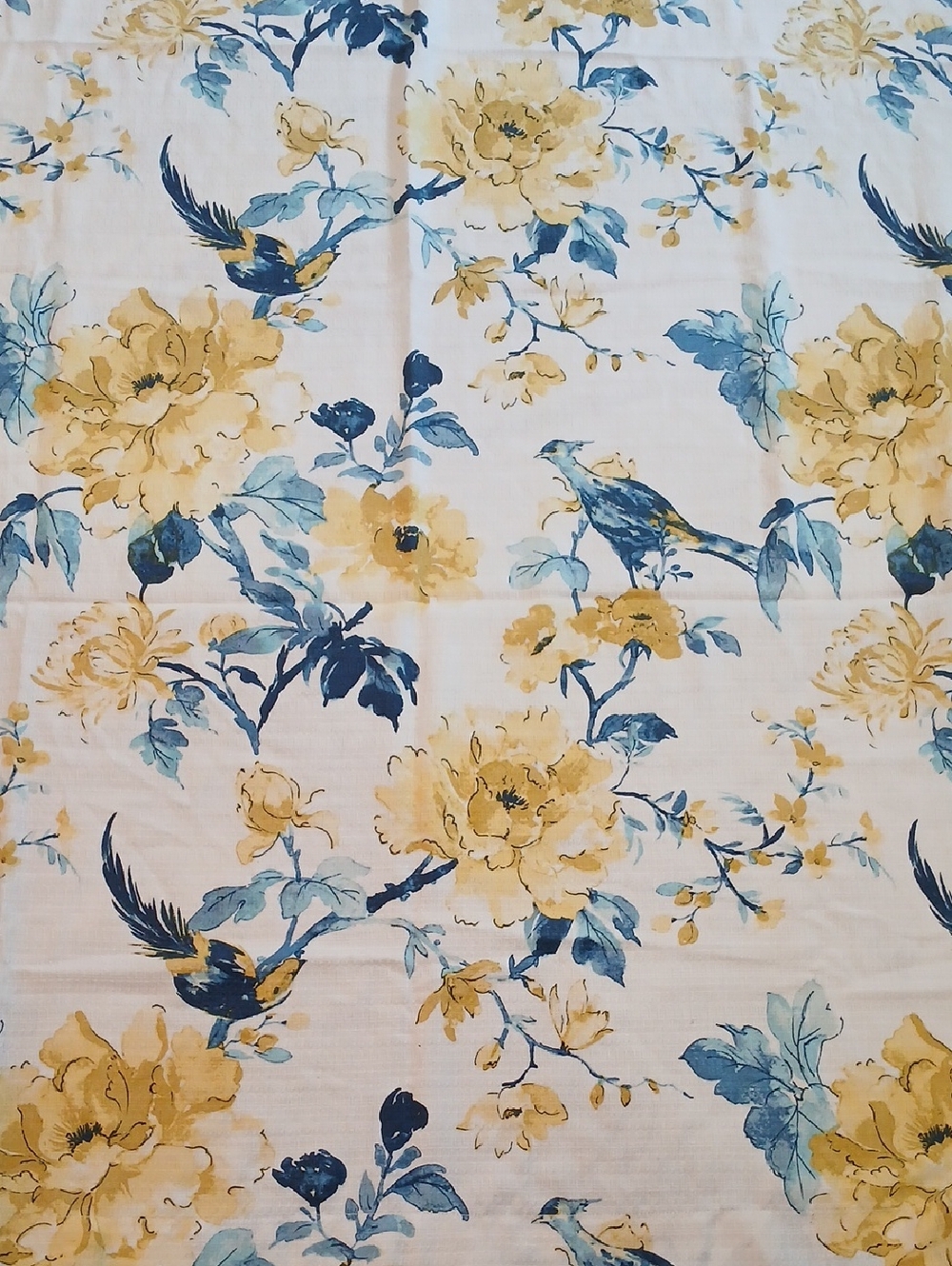 Yellow and Blue Floral Bird Print Drapery Panels Set Of 4